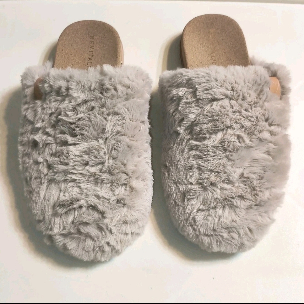 Revitalign Orthopedic Slippers Women’s 7 B Taupe Faux Fur Orthotic Mules EUC